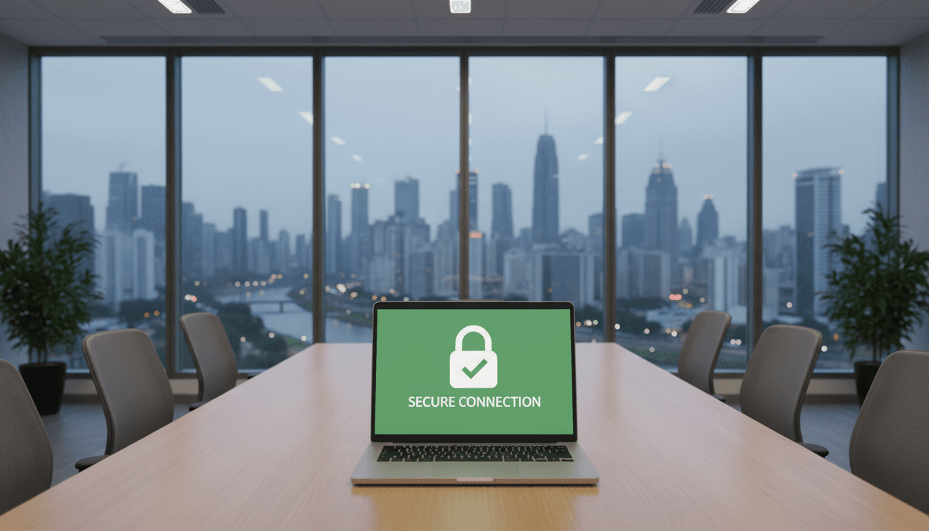 Close-up of a laptop screen displaying a padlock icon in a modern meeting room