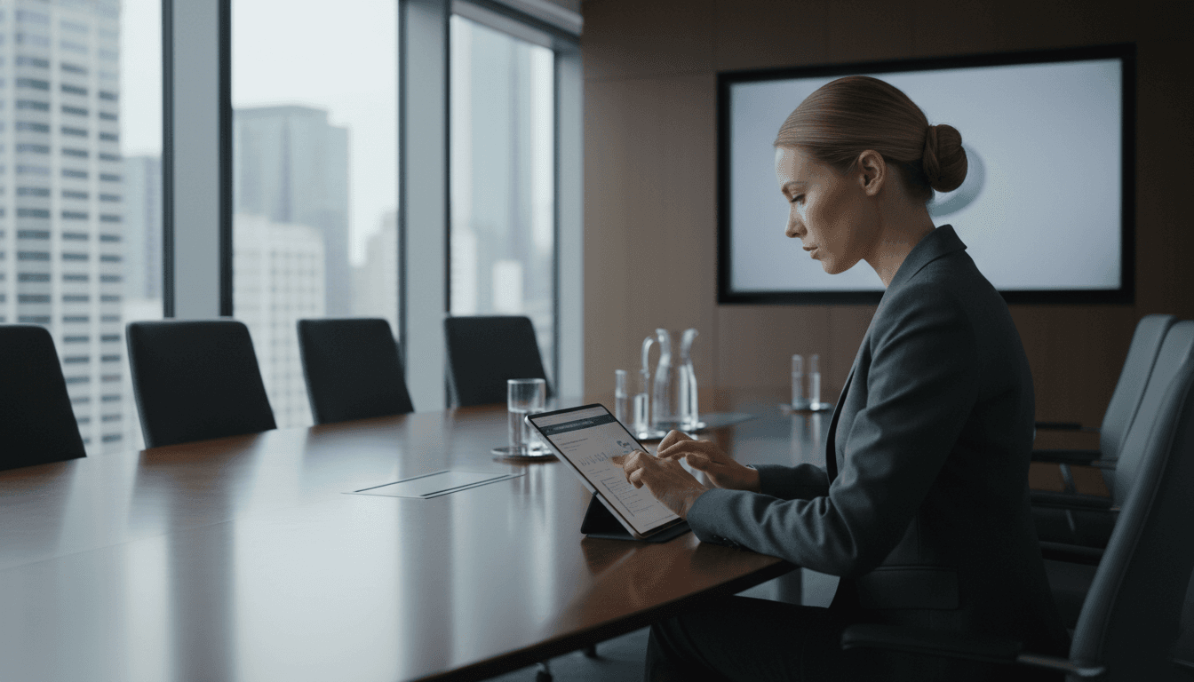 Professional executive reviewing confidential documents in a modern boardroom