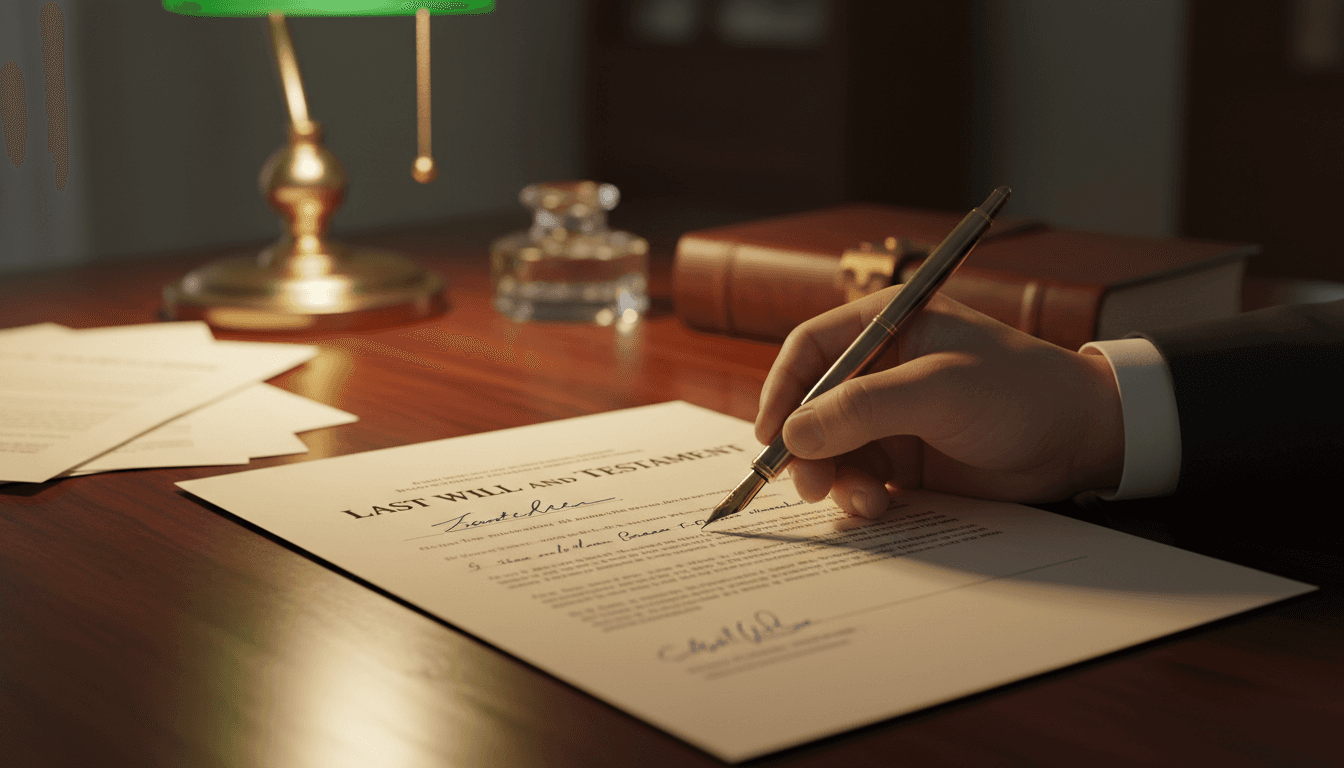 A fountain pen rests on a signed legal document on a polished wooden desk