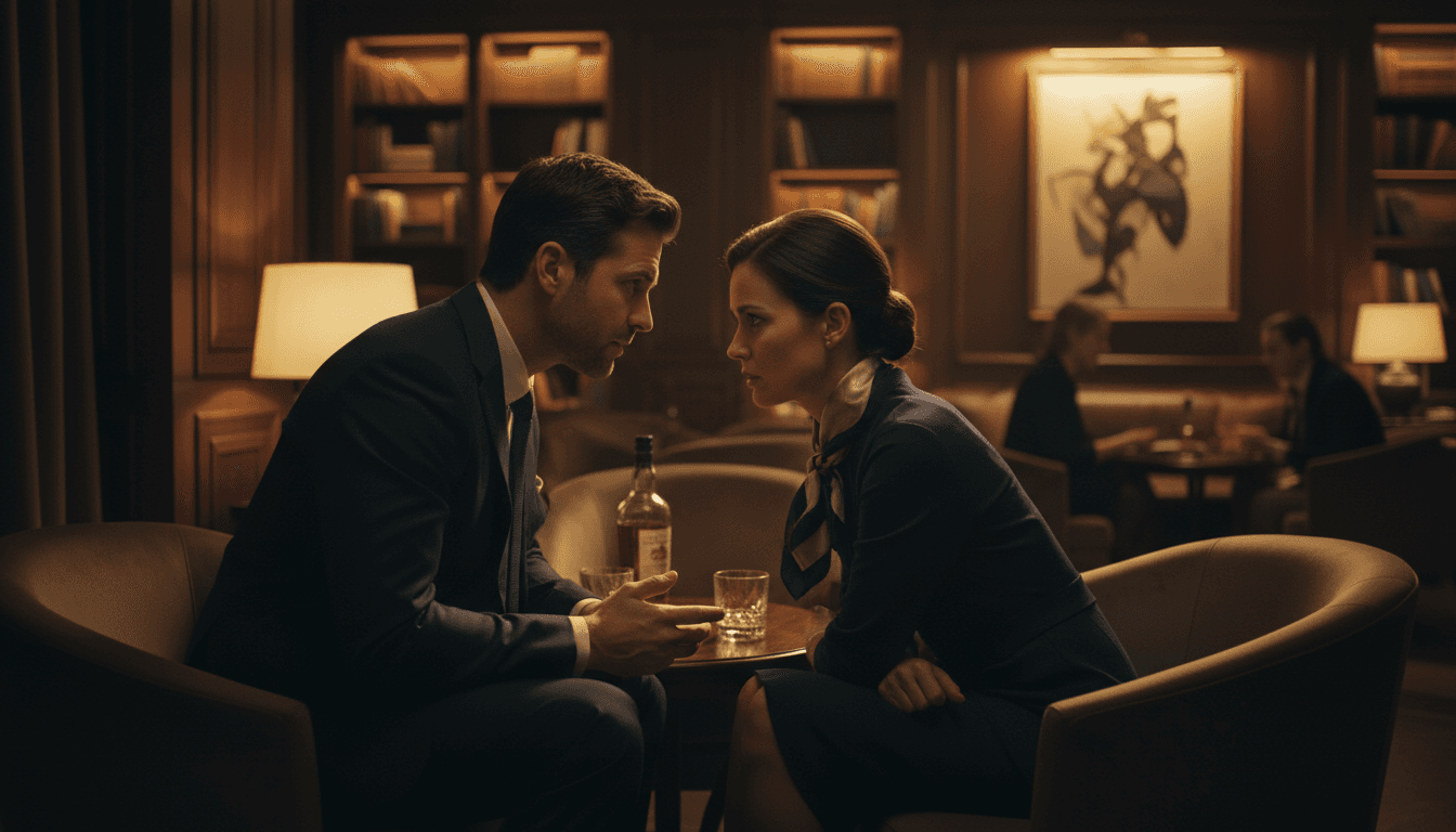 Two people speaking quietly in a sophisticated lounge setting