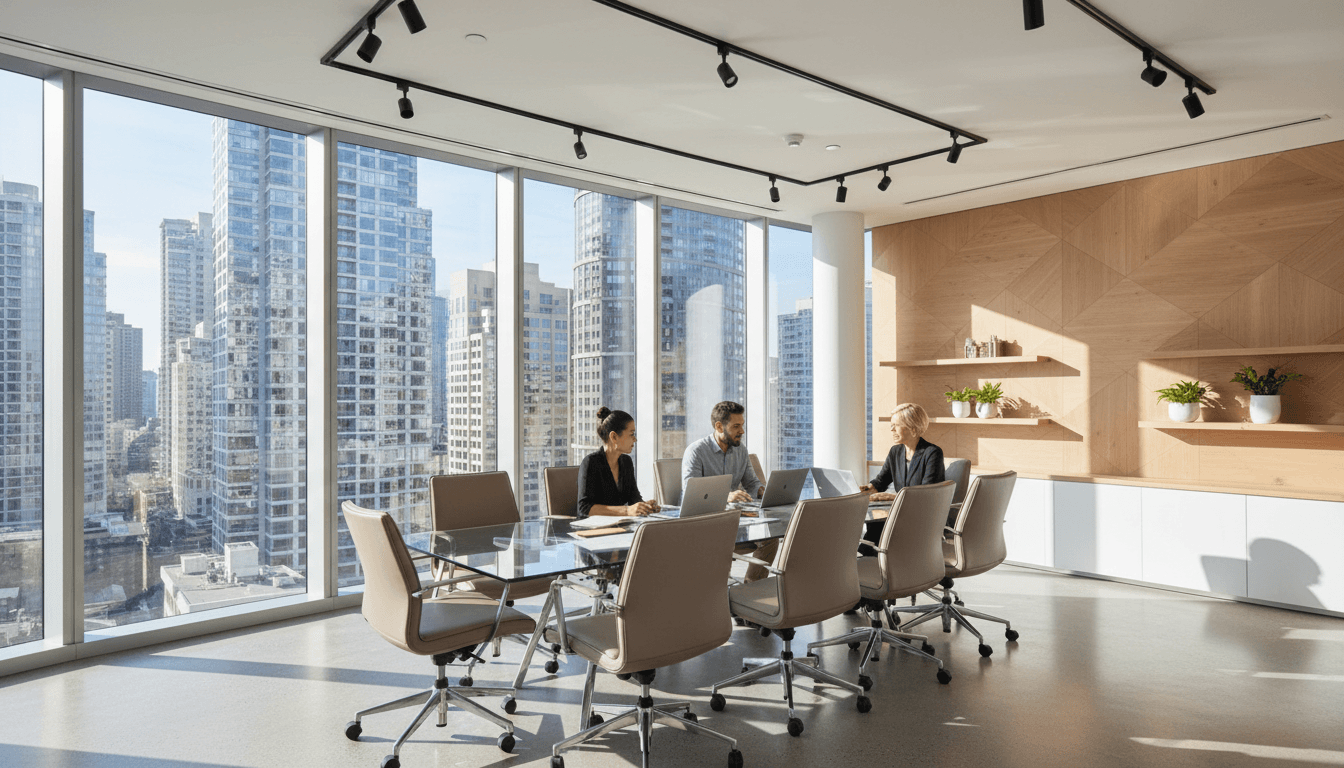 Professional business meeting in a modern office with a view of the São Paulo skyline