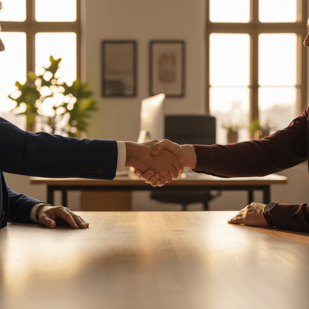 Two professionals shaking hands across table, expressing trust and professional agreement in modern office