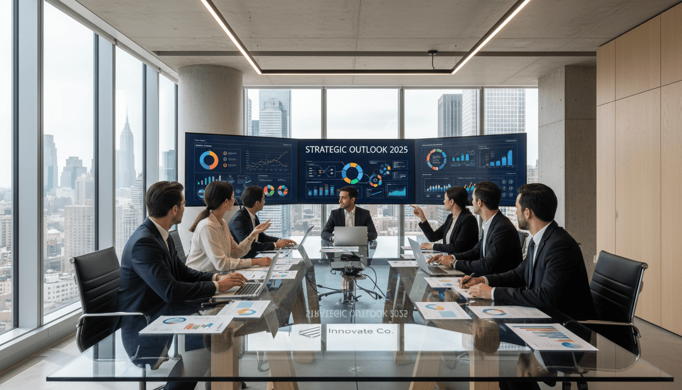 Professionals in a meeting room discussing market strategy in a modern office