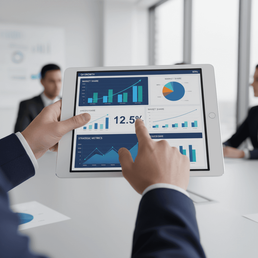 Professional man reviewing data on tablet in modern conference room