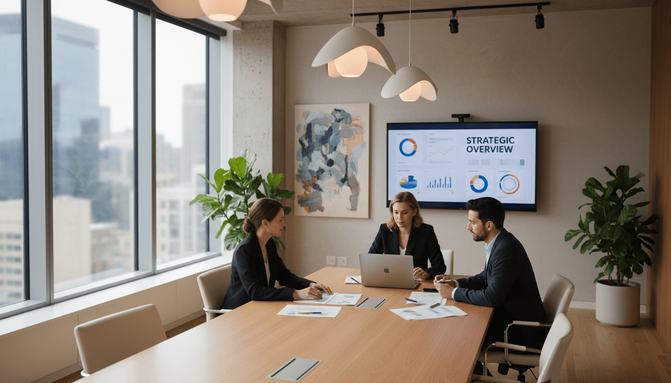 Business executives in a modern boardroom reviewing data on tablets