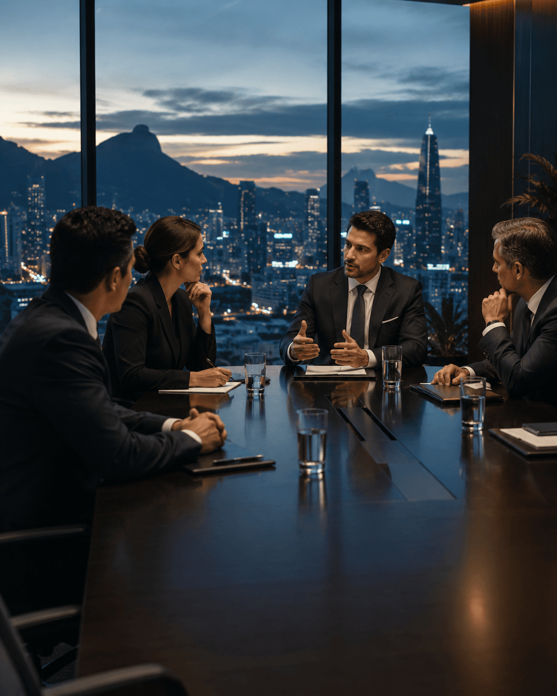 Four business professionals in suits meet at a table overlooking a city skyline at dusk.