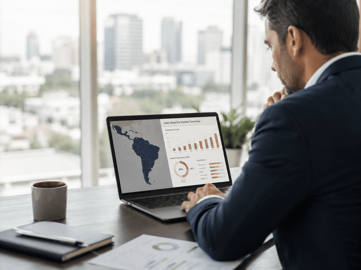 Businessman analyzes Latin America market data on a laptop overlooking a city skyline.