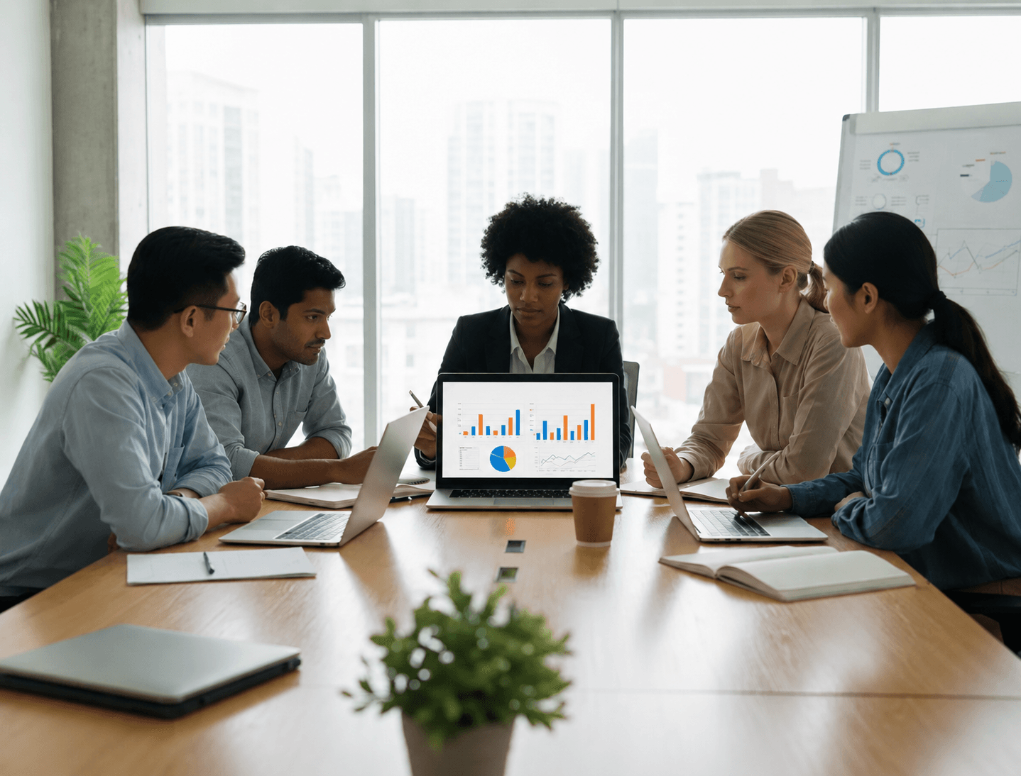 Diverse professionals reviewing data charts on a laptop screen around a modern conference table.